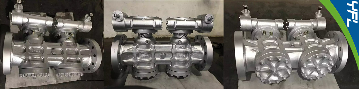 Pressure balanced twin plug valves