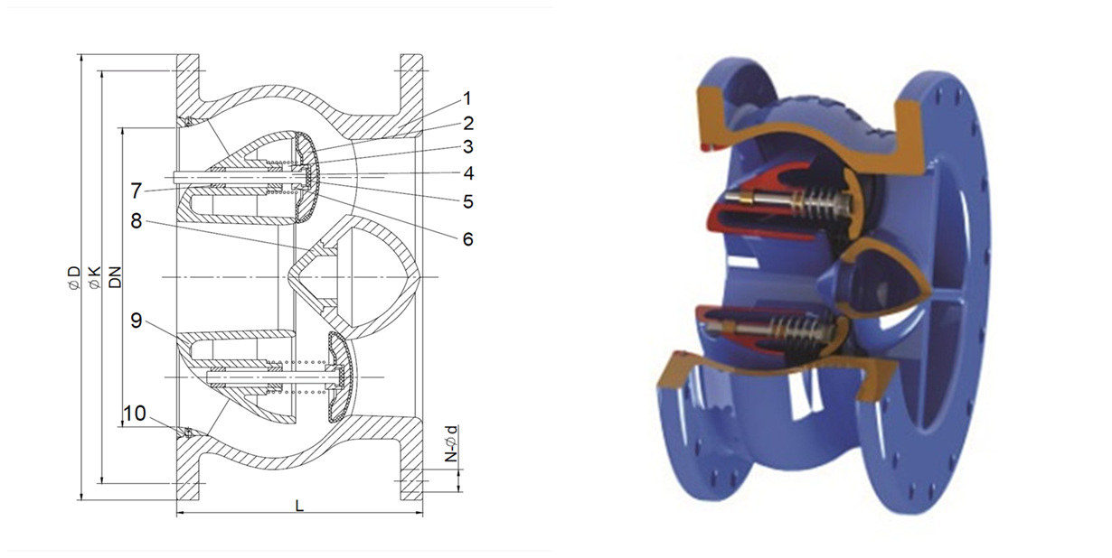 Non slam silent check valve with two diffusers